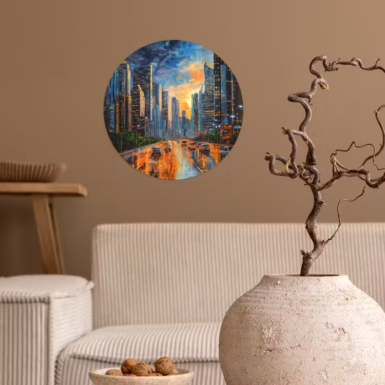 Auto - Skyline - Zon - Blauw Wandcirkel behangsticker klein -sfeer1
