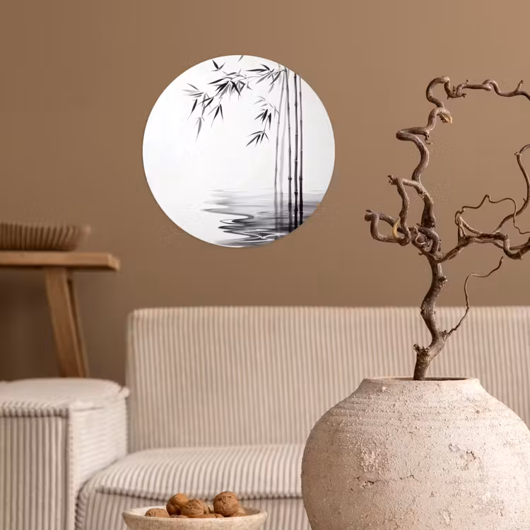 Bamboestammen - Water - Minimalistisch - Wit Wandcirkel behangsticker klein -sfeer1