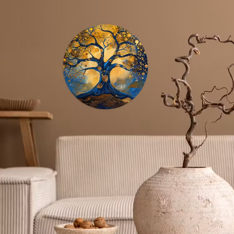 Boom - Levensboom - Blauw - Goud Wandcirkel behangsticker klein -sfeer1
