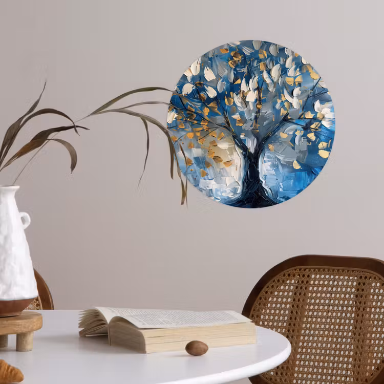 Boom - Blauw - Goud - Abstract Wandcirkel behangsticker klein -sfeer3