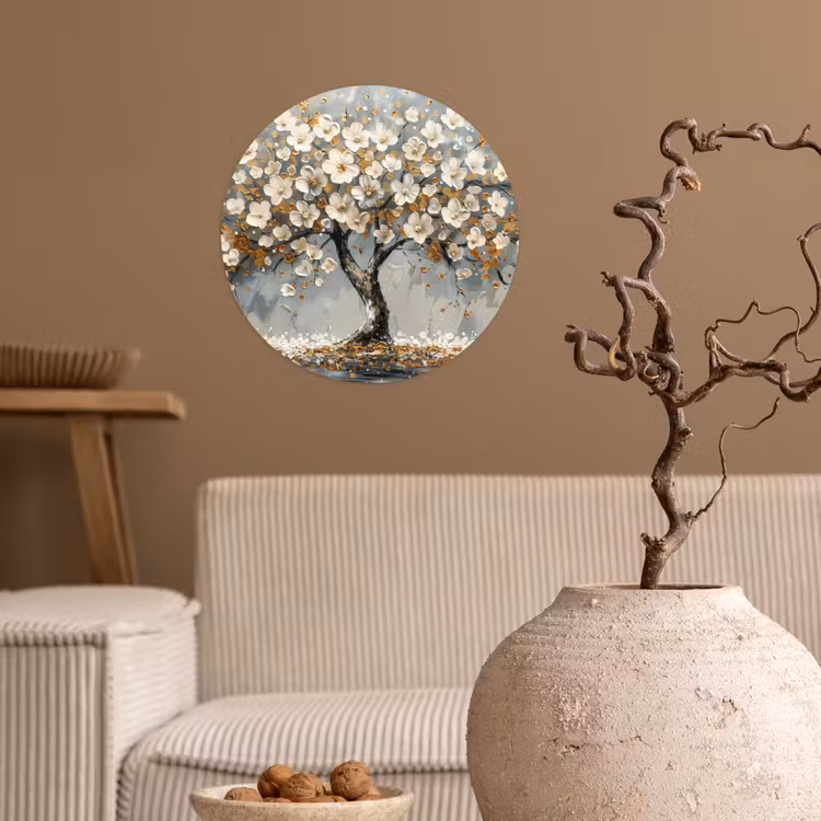 Boom - Bloemen - Wit - Natuur - Kunst Wandcirkel behangsticker klein -sfeer1