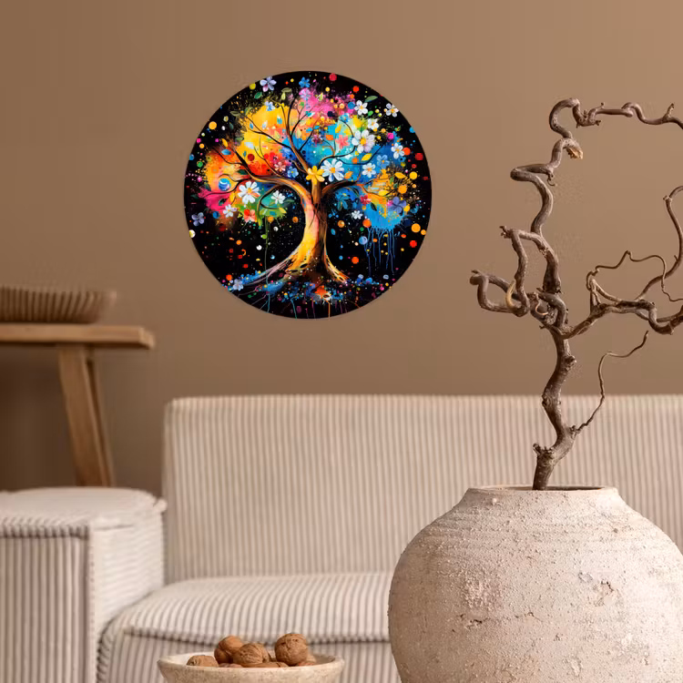 Boom - Kleurrijk - Bloemen - Zwart Wandcirkel behangsticker klein -sfeer1