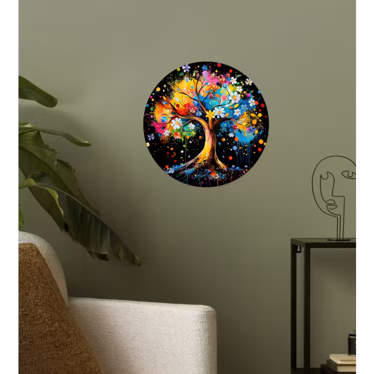 Boom - Kleurrijk - Bloemen - Zwart Wandcirkel behangsticker klein -sfeer2