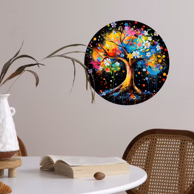 Boom - Kleurrijk - Bloemen - Zwart Wandcirkel behangsticker klein -sfeer3