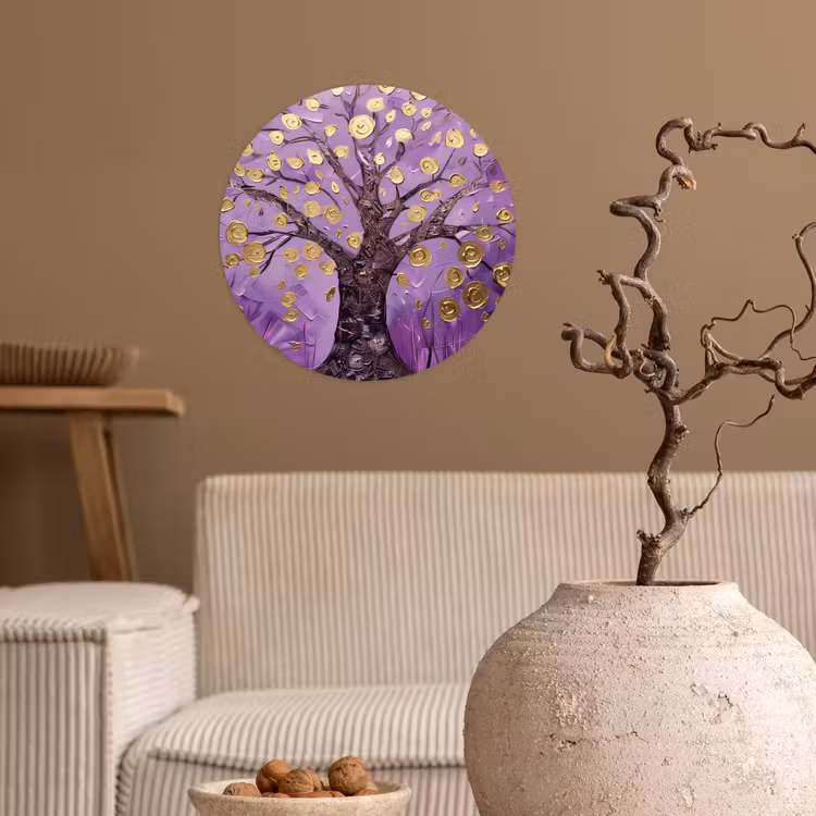Levensboom - Boom - Paars - Goud - Modern Wandcirkel behangsticker klein -sfeer1