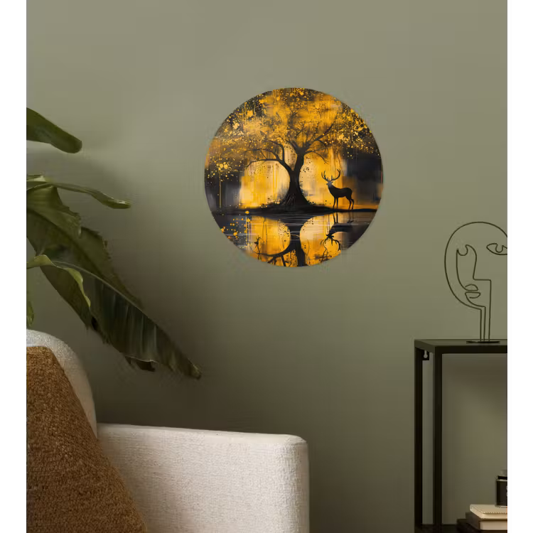 Boom - Verflook - Hert - Natuur - Goud Wandcirkel behangsticker klein -sfeer2