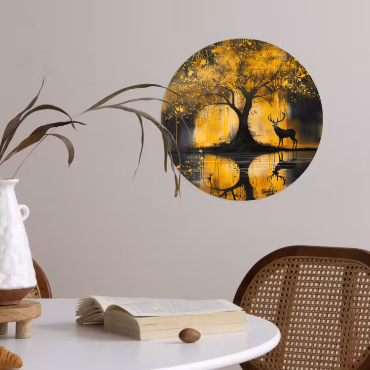Boom - Verflook - Hert - Natuur - Goud Wandcirkel behangsticker klein -sfeer3