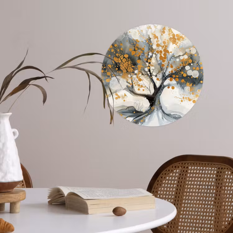 Boom - Modern - Abstract - Goud - Zwart - Wit Wandcirkel behangsticker klein -sfeer3
