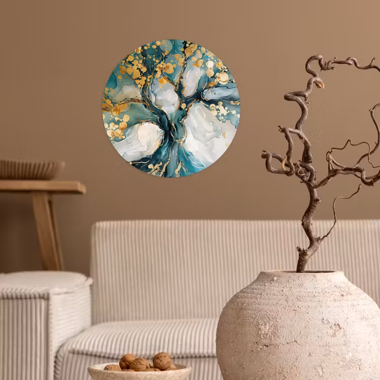 Boom - Modern - Verflook - Turquoise - Goud Wandcirkel behangsticker klein -sfeer1