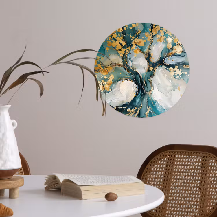 Boom - Modern - Verflook - Turquoise - Goud Wandcirkel behangsticker klein -sfeer3