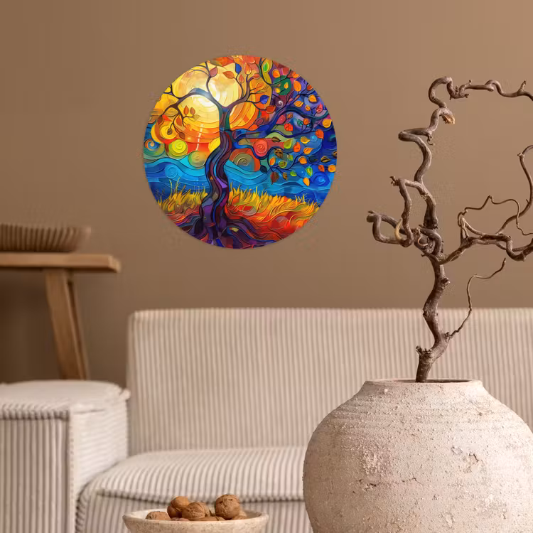Boom - Zon - Verflook - Kleuren - Abstract Wandcirkel behangsticker klein -sfeer1