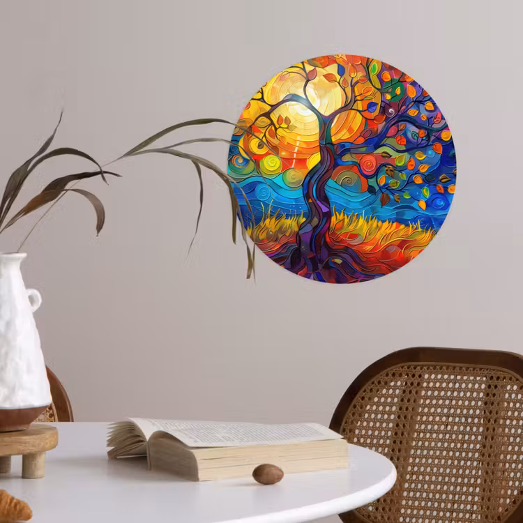 Boom - Zon - Verflook - Kleuren - Abstract Wandcirkel behangsticker klein -sfeer3