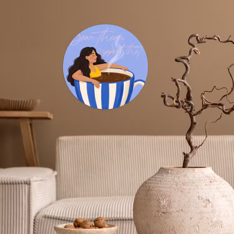 Mok - Koffie - Vrouw - Paars Wandcirkel behangsticker klein -sfeer1