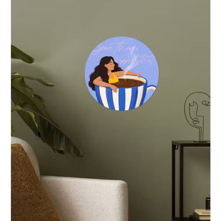Mok - Koffie - Vrouw - Paars Wandcirkel behangsticker klein -sfeer2