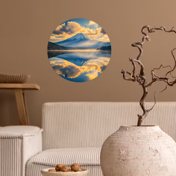 Berg - Rivier - Zonsondergang Wandcirkel behangsticker klein -sfeer1