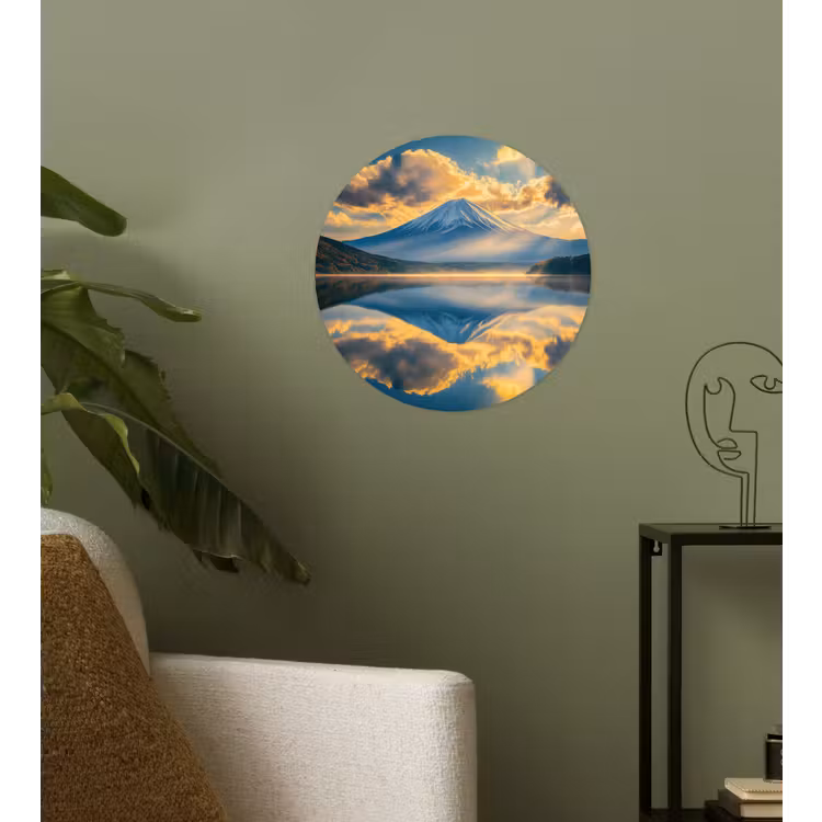 Berg - Rivier - Zonsondergang Wandcirkel behangsticker klein -sfeer2