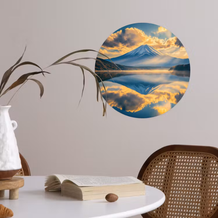 Berg - Rivier - Zonsondergang Wandcirkel behangsticker klein -sfeer3