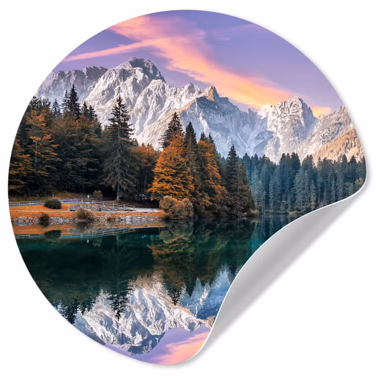Bergen - Bos - Water - Lucht - Roze - Paars Wandcirkel behangsticker klein -3d