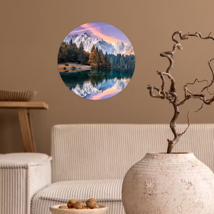 Bergen - Bos - Water - Lucht - Roze - Paars Wandcirkel behangsticker klein -sfeer1