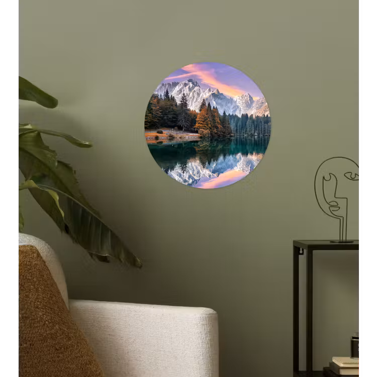 Bergen - Bos - Water - Lucht - Roze - Paars Wandcirkel behangsticker klein -sfeer2