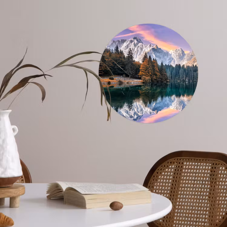 Bergen - Bos - Water - Lucht - Roze - Paars Wandcirkel behangsticker klein -sfeer3