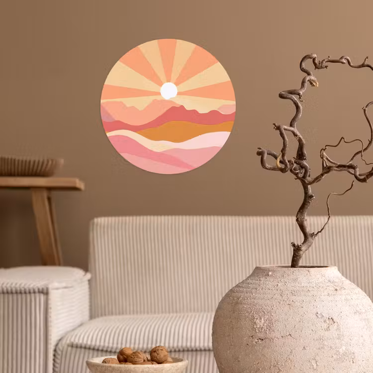Bergen - Abstract - Zonnestralen - Roze Wandcirkel behangsticker klein -sfeer1