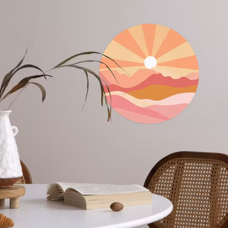 Bergen - Abstract - Zonnestralen - Roze Wandcirkel behangsticker klein -sfeer3