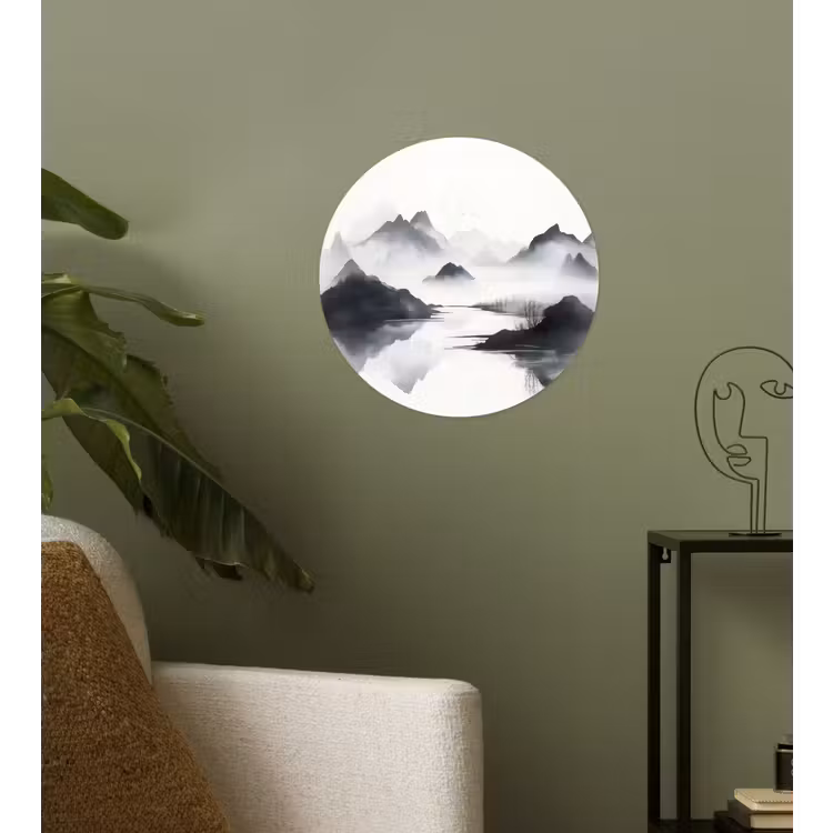 Bergen - Mistig - Water - Wit Wandcirkel behangsticker klein -sfeer2