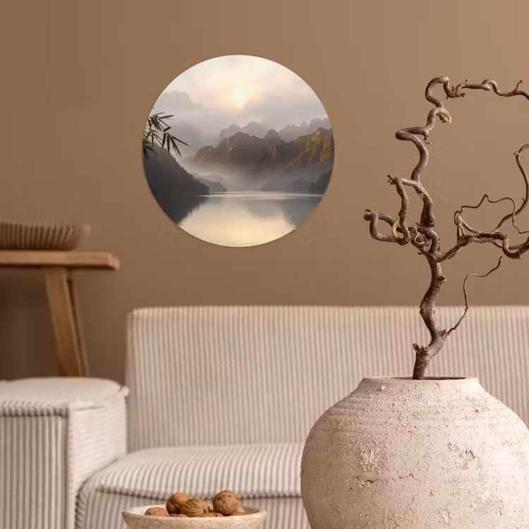 Bergen - Water - Mist - Natuur - Landschap Wandcirkel behangsticker klein -sfeer1