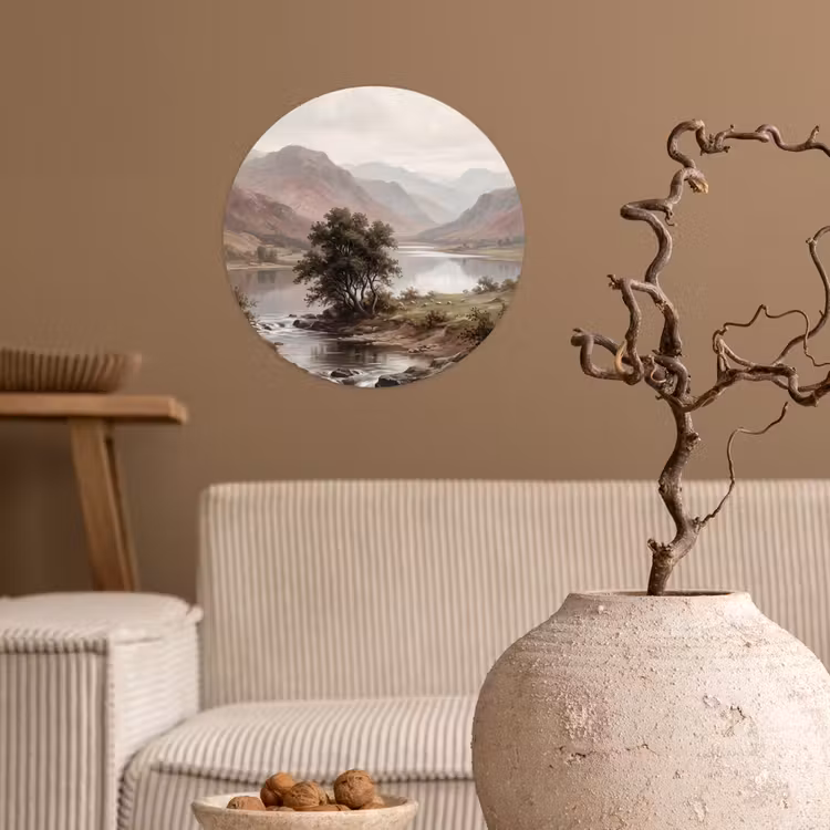 Berglandschap - Meer - Bergen - Vallei - Klassiek Wandcirkel behangsticker klein -sfeer1