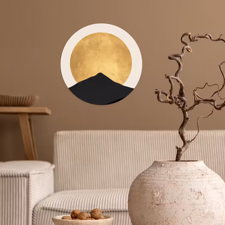 Bergsilhouetten - Gouden cirkel - Beige Wandcirkel behangsticker klein -sfeer1