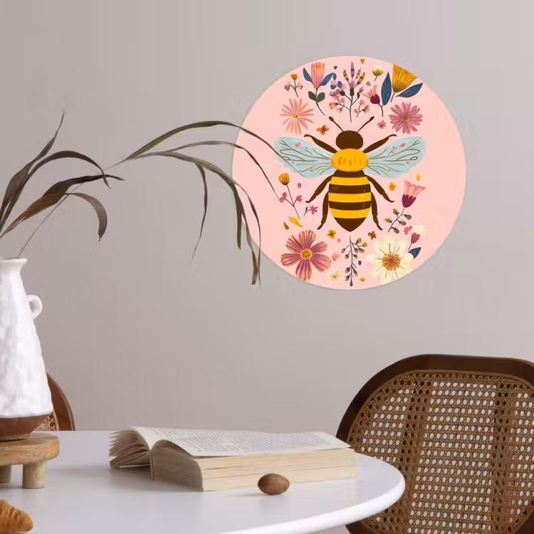 Bij - Geel - Bloemen - Kleurrijk Wandcirkel behangsticker klein -sfeer3