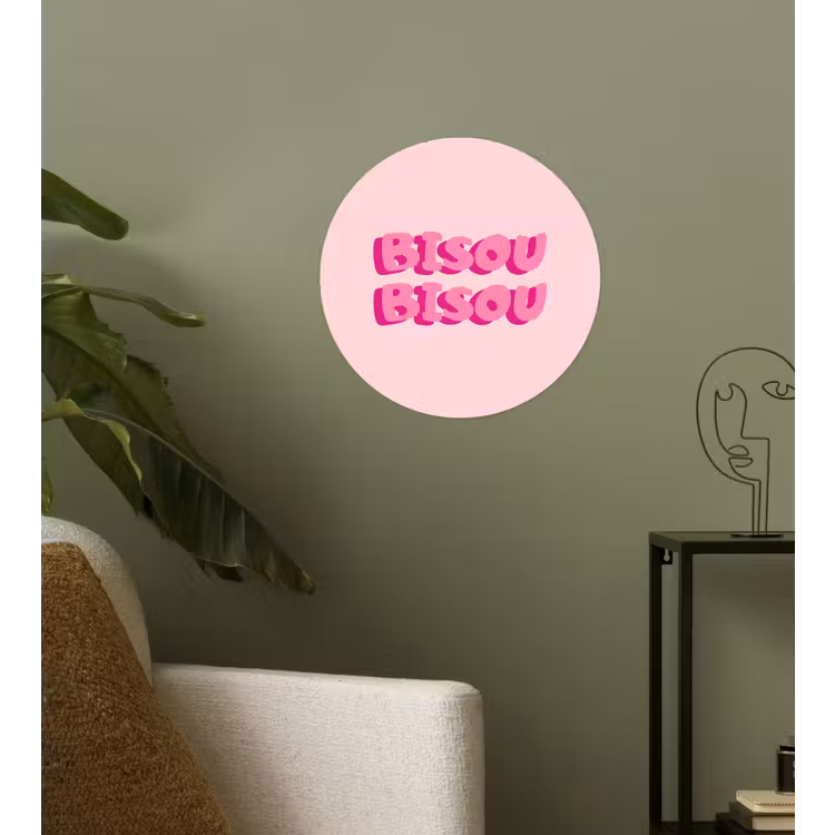 Bisou - Roze - Dikke letters Wandcirkel behangsticker klein -sfeer2