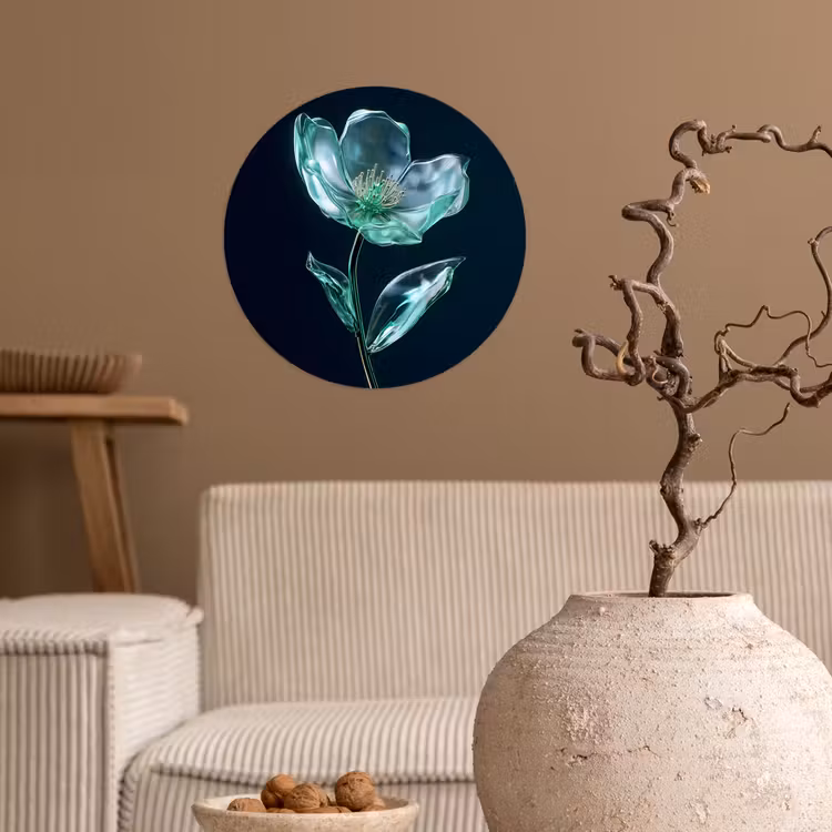 Bladeren - Bloem - Glazen - Donkerblauw Wandcirkel behangsticker klein -sfeer1