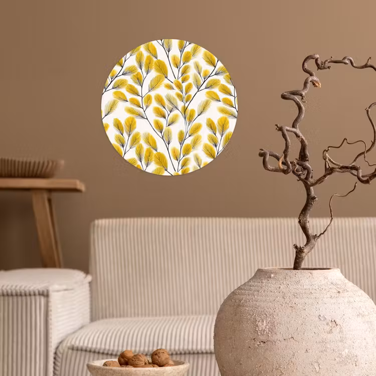Bladeren - Botanisch - Elegant - Geel - Zwart Wandcirkel behangsticker klein 186 -sfeer1