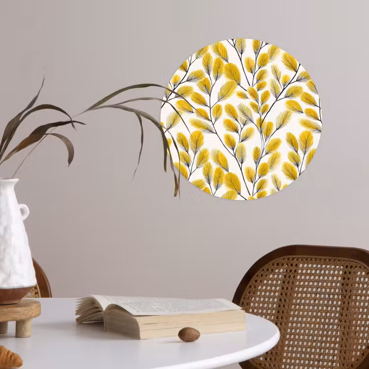 Bladeren - Botanisch - Elegant - Geel - Zwart Wandcirkel behangsticker klein 186 -sfeer3