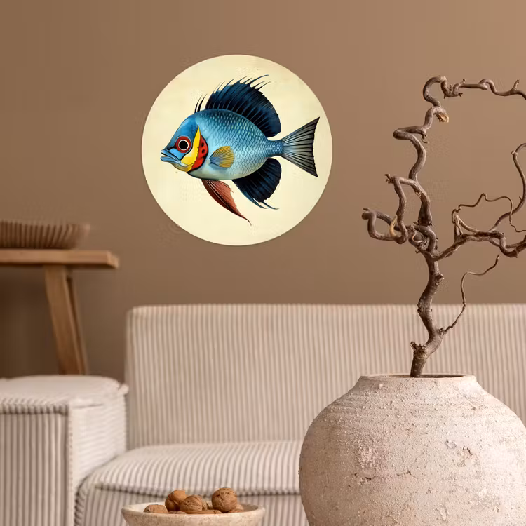 Blauw - Kieuwen - Vis - Illustratie Wandcirkel behangsticker klein -sfeer1