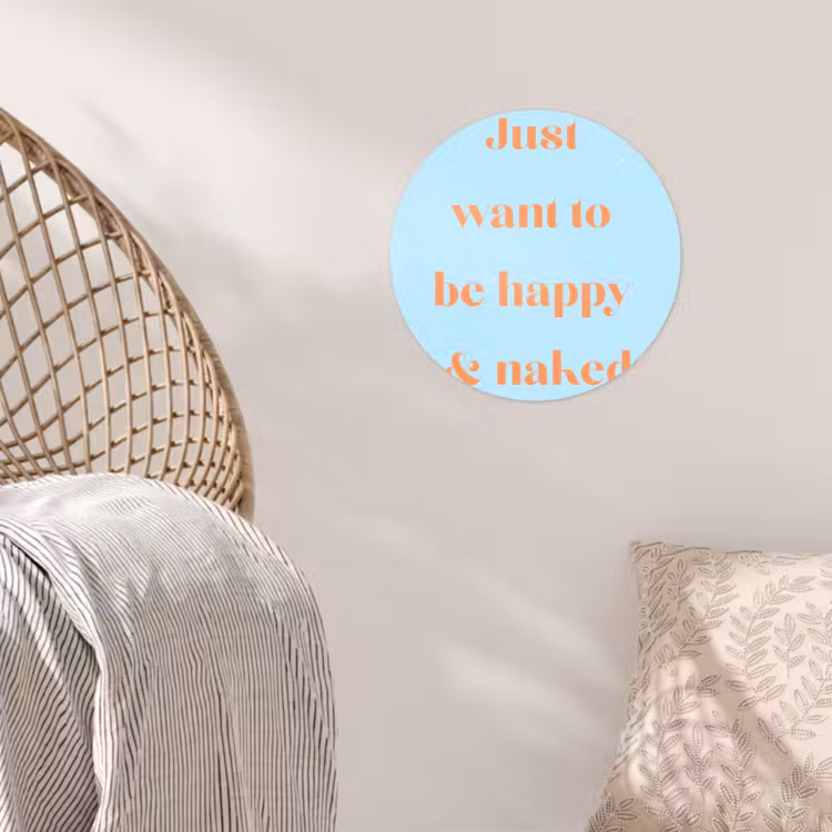 Blauw - Oranje - Just want to be happy & naked Wandcirkel behangsticker klein -sfeer4