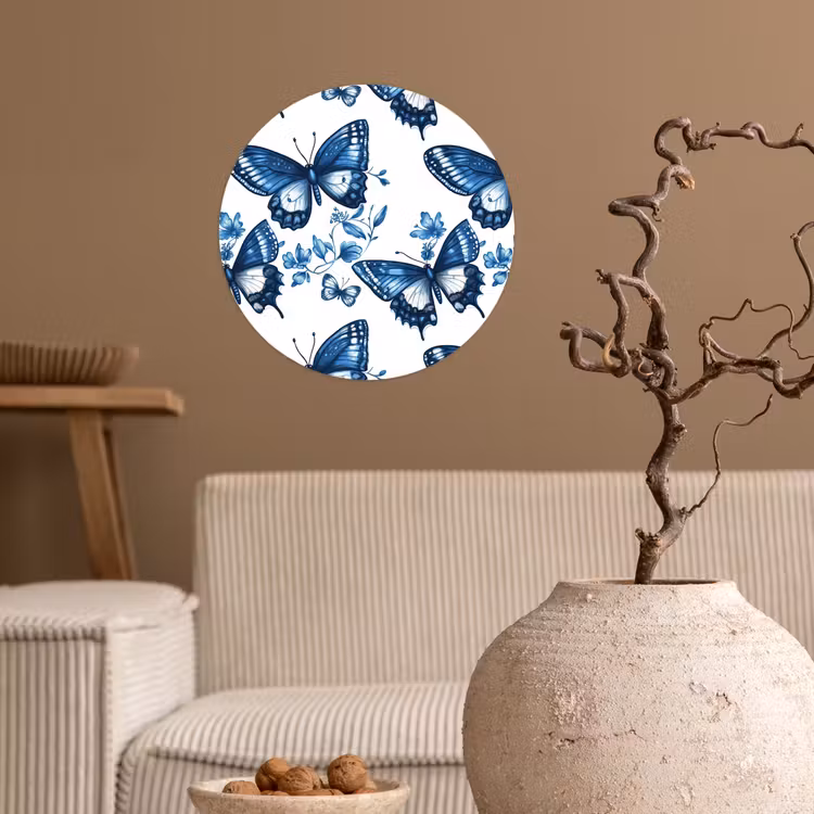 Blauw - Vlinders - Bloemen - Wit Wandcirkel behangsticker klein 186 -sfeer1
