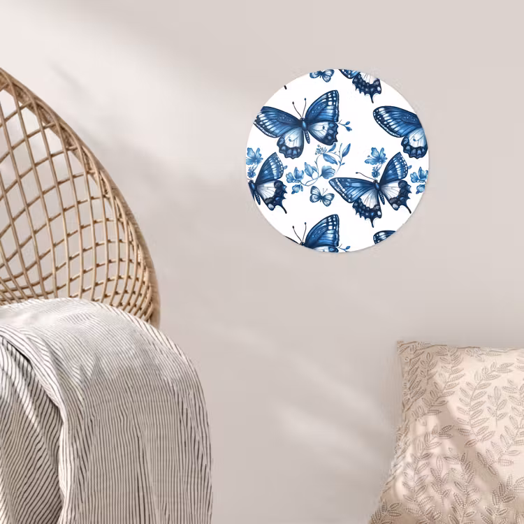 Blauw - Vlinders - Bloemen - Wit Wandcirkel behangsticker klein 186 -sfeer4