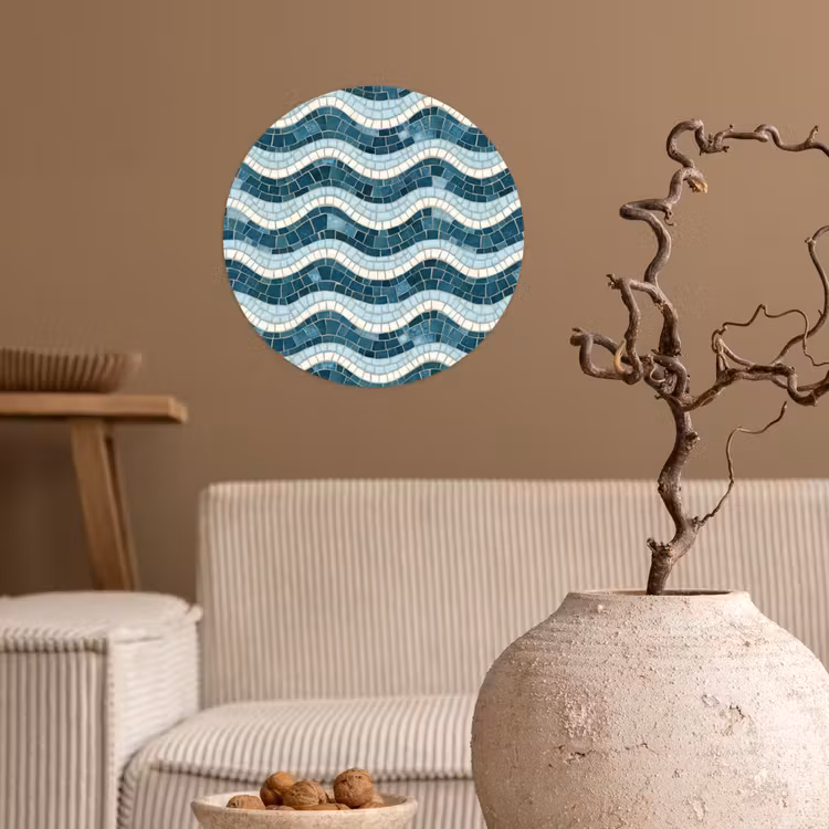Blauw - Wit - Mozaïek - Golvend Wandcirkel behangsticker klein 186 -sfeer1