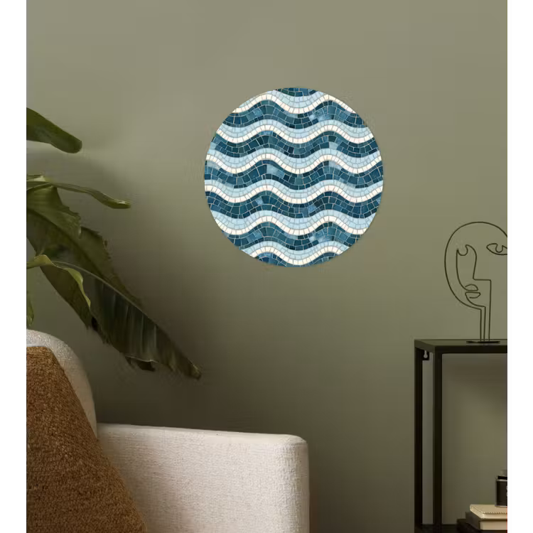 Blauw - Wit - Mozaïek - Golvend Wandcirkel behangsticker klein 186 -sfeer2