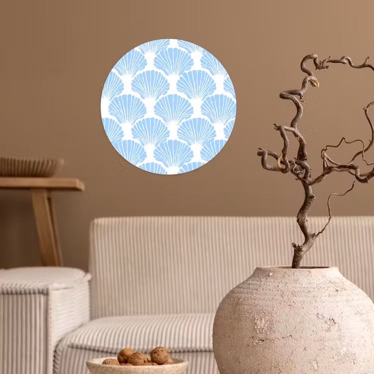 Blauw - Wit - Schelpen - Grafisch - Structuur Wandcirkel behangsticker klein 186 -sfeer1