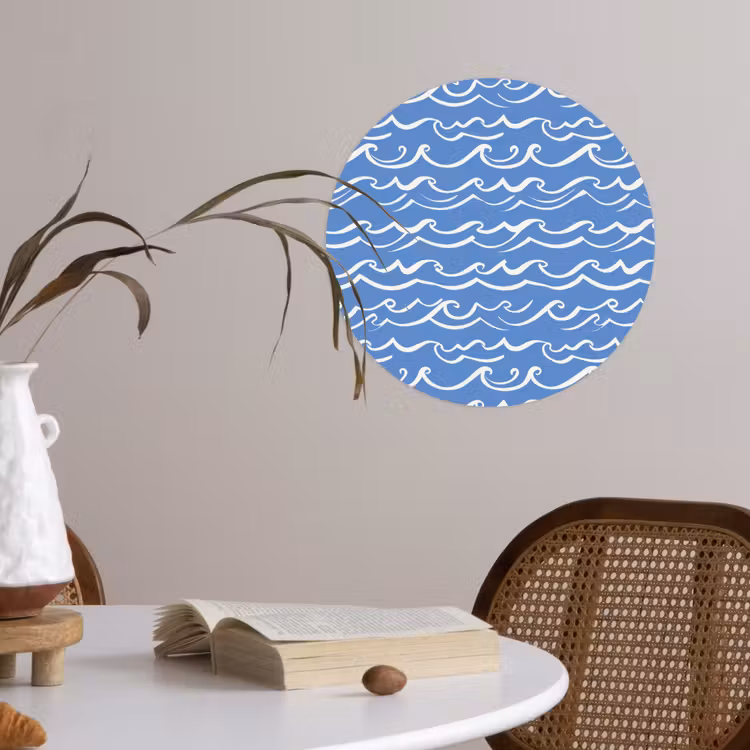 Blauw - Wit - Simpel - Getekend - Golven Wandcirkel behangsticker klein 186 -sfeer3