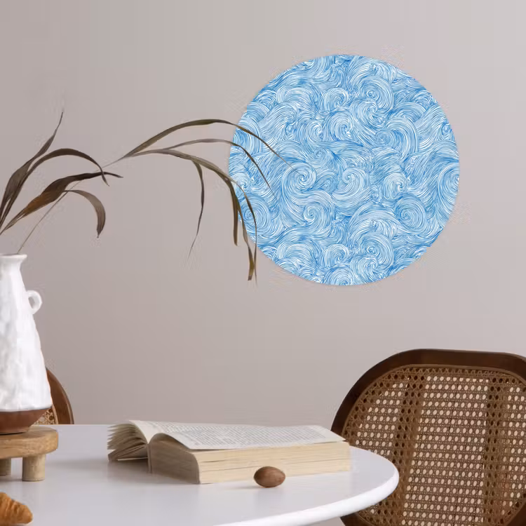 Blauw - Wit - Spiraal - Golven - Lijnen Wandcirkel behangsticker klein 186 -sfeer3