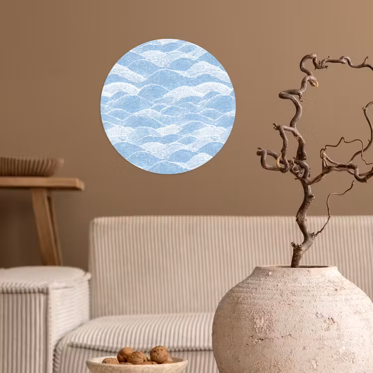 Blauw - Wit - Golven - Getekend Wandcirkel behangsticker klein 186 -sfeer1