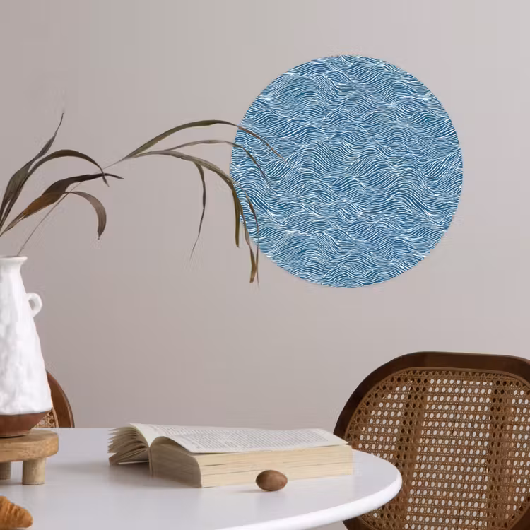 Blauw - Wit - Golven - Getekend - Textuur Wandcirkel behangsticker klein 186 -sfeer3