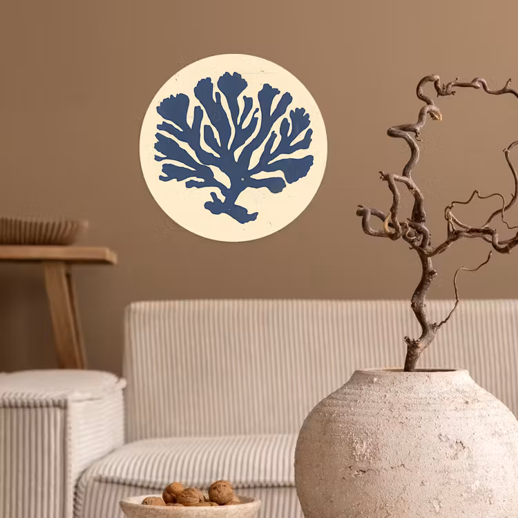 Blauw koraal - Vertakkingen - Beige Wandcirkel behangsticker klein -sfeer1