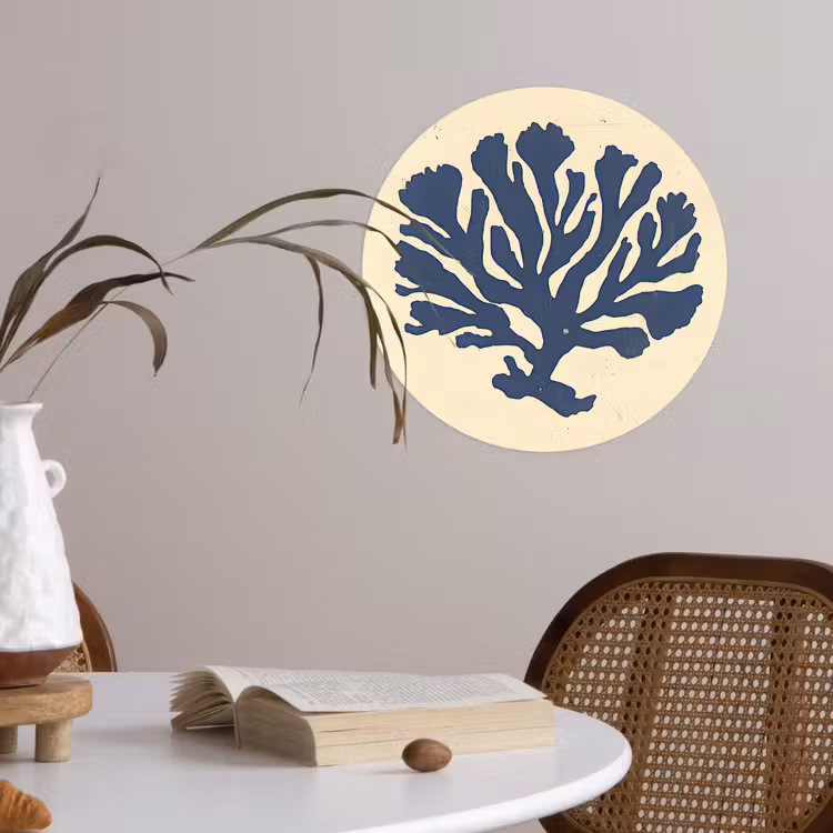 Blauw koraal - Vertakkingen - Beige Wandcirkel behangsticker klein -sfeer3