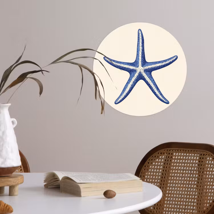 Blauwe zeester - Minimalistisch - Beige Wandcirkel behangsticker klein -sfeer3